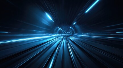 Dark tunnel, vibrant blue light streaks.  Fast motion, futuristic