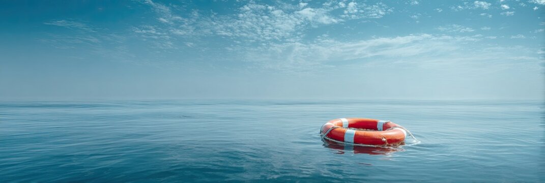 A solitary orange life preserver floats on a calm, vast body of water, under a pale blue sky dotted with scattered clouds