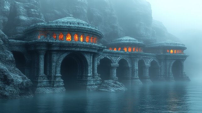 Mysterious ancient stone architecture by water with glowing lights, ideal for fantasy, historical, and atmospheric design projects, backgrounds, promotions.