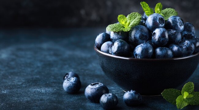 Fresh blueberries in a dark bowl, with fresh mint leaves