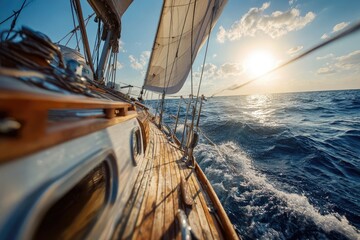 Sailing yacht's bow at sunset, closeup view