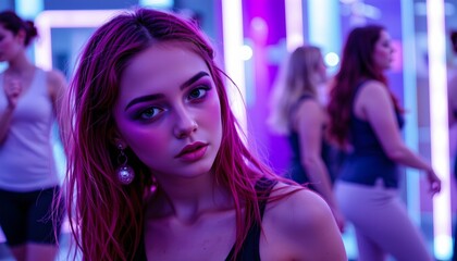 Naklejka premium A young woman standing in a room with purple lighting. She is wearing red lipstick and has a contemplative expression