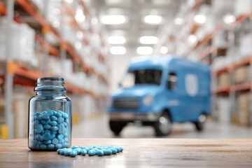 Light-blue pills in a glass bottle on a wooden surface, blurred warehouse and delivery van in the background