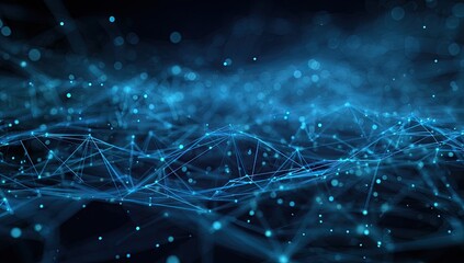 Abstract digital network.  Dark blue backdrop with glowing light blue network of lines and dots
