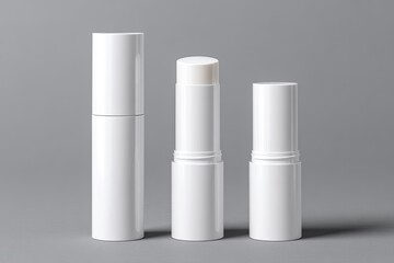 Three white cosmetic containers, likely lip balm or stick, in various sizes, on a neutral gray background
