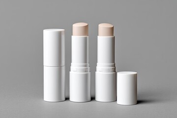 Three light beige beauty sticks on a gray background.  Two are capped, one is open, showcasing the product inside