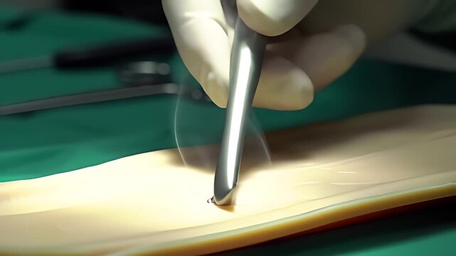 Gloved hand precisely uses a bovie cauterizing tool on simulated tissue, a tiny wisp of smoke elegantly rising from the point of surgical contact.
