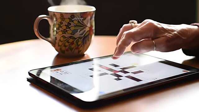 Elderly hands confidently swipe a vibrant word game on a tablet, a warm cup of morning tea rests nearby, promoting cognitive engagement.