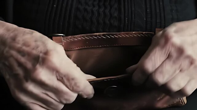 Elderly hands tenderly open a worn, antique purse, revealing its emptiness save for a few scattered pennies, a poignant moment of reflection.