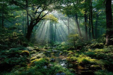 Obraz premium Sunbeams in Misty Forest Stream