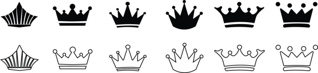 Princess Crown Icon Set, Collection and Group Black Royal Tiara, Queen Diadem, Luxury Jewelry Symbol Vector in Flat and Line Style for Fashion, Elegance, Beauty, Glamour and Decorative Design