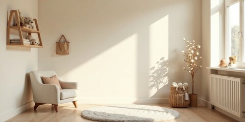 Fototapeta premium Serene Nursery Room Design with Neutral Tones and Natural Light, Featuring a Cozy Armchair and a Wooden Shelf with Plush Toys