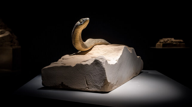 A fossilized two-headed serpent emerging dramatically from stone under museum lighting, evoking ancient mysteries.