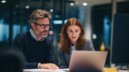 a happy middle-aged business manager and his female team member are having a meeting in the office, talking to each other while sitting at a desk with a laptop computer.