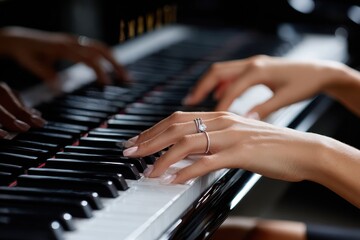 Obraz premium Hands play a beautiful melody on a grand piano in a serene setting with soft lighting