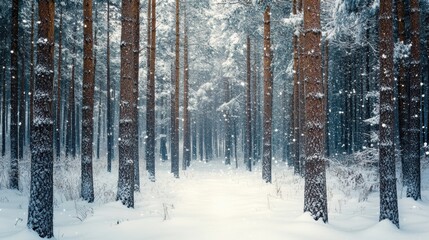 A serene winter forest scene with snow-covered ground and tall pine trees, creating a tranquil atmosphere.