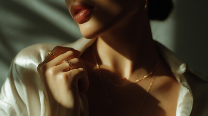 Woman Adjusting Clothing in Soft Light