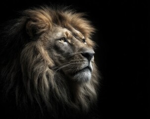 Close-up portrait of a lion's head, looking off to the side, against a black background