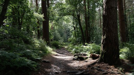 Fototapeta premium Sunlight filters through a dense woodland, illuminating a winding trail through the undergrowth.