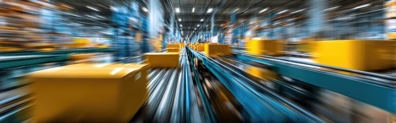 Conveyor belts moving boxes in a fast-paced warehouse