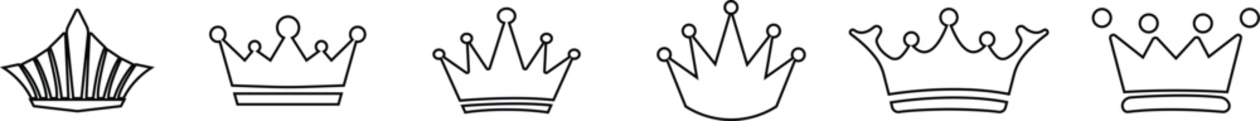 Princess Crown Icon Set, Collection and Group Black Royal Tiara, Queen Diadem, Luxury Jewelry Symbol Vector in Line Style for Fashion, Elegance, Beauty, Glamour and Decorative Design