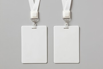 Two blank white plastic ID badges, attached by white ribbon lanyards, on a gray background