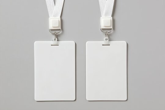 Two blank white plastic ID badges, attached by white ribbon lanyards, on a gray background