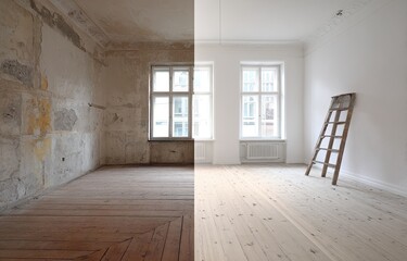 Room before and after renovation, split image