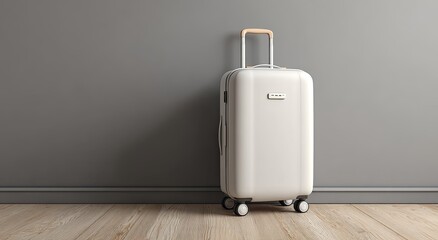 White suitcase on wooden floor against gray wall