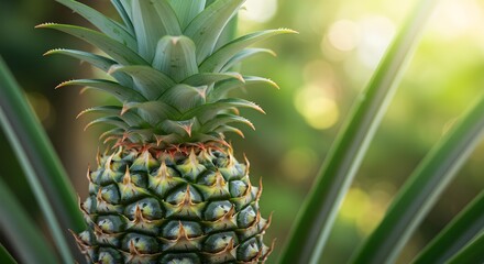 Fototapeta premium Close-Up of fresh Pineapple Growing on Plant with Sunlit Tropical Foliage Background, AI 