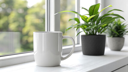 Morning coffee and lush green houseplants on a windowsill with a blurred outdoor view