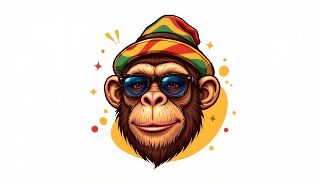 A cartoon of a monkey dressed in a tie dye t shirt and sunglasses. The monkey has an exaggeratedly cheerful expression, complete with a wide smile and a thumbs up gesture