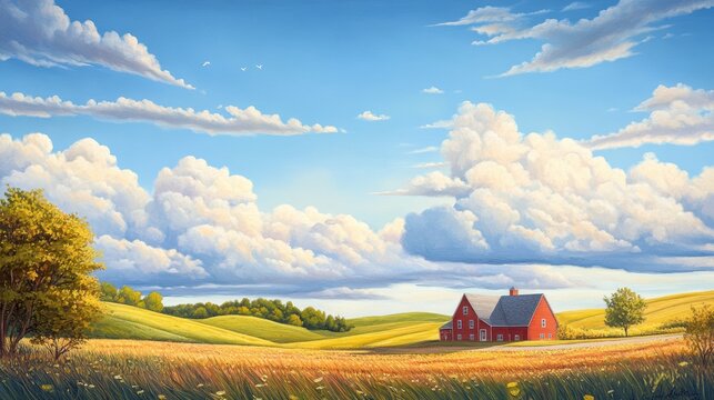 A serene landscape featuring a red farmhouse surrounded by lush green fields and a bright blue sky with fluffy clouds.