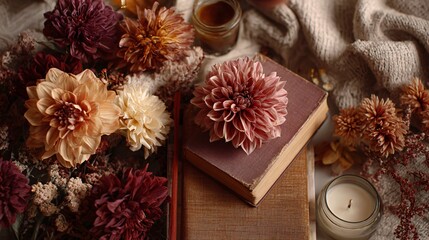 Autumn bloom and book flat lay, warm palette, cozy tones