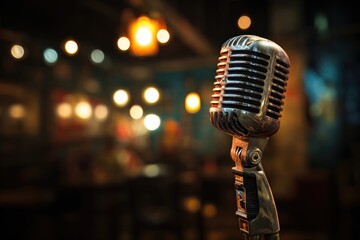 Vintage microphone in a dimly lit, out-of-focus background