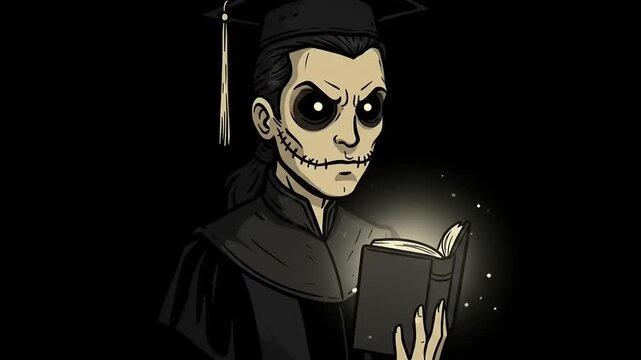 A spooky graduate in a dark setting, reading from a glowing book amidst eerie shadows