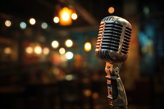 Vintage microphone in a dimly lit, out-of-focus background