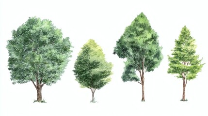 A collection of four different types of trees illustrated in watercolor style, showcasing various shapes and shades of green foliage