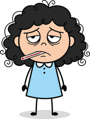 A cartoon drawing of a sick girl with a sad face and a thermometer in her mouth, feeling unwell.