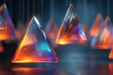 Abstract triangular crystal lights hanging, dark background, glowing reflections