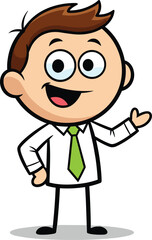 A friendly and enthusiastic cartoon business professional presenting or explaining something with a welcoming gesture.