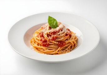 Spaghetti twirled with tomato sauce, parmesan cheese, and basil leaf garnish, plated on white ceramic, isolated on seamless white background.
