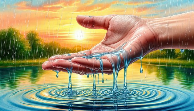 A serene, hyperrealistic digital painting of a hand gently scooping water from a tranquil lake at sunset, ideal for themes of nature, purity, and environmental conservation.