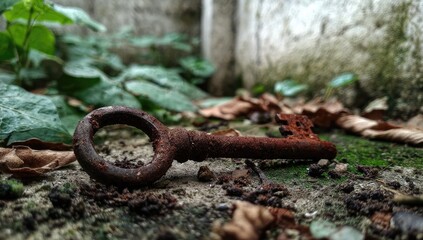 Rusty key lies amidst fallen leaves and moss.  Close-up view of an aged, oxidized key on a ground covered with organic debris.  Plants and stone walls are blurred in the background