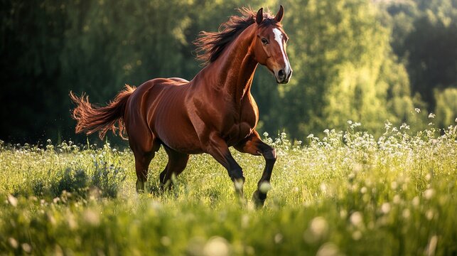 Horse Running On Green Grassland: Scene Of Natural Vitality And Strength Symbol