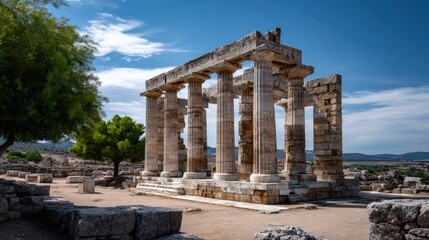Obraz premium A weathered ancient temple structure stands tall against a backdrop of a clear blue sky and distant landscape.