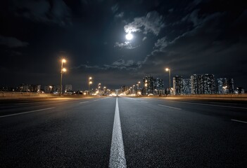 Empty highway at night under a full moon. City skyline in the distance (1)