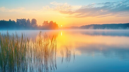 Obraz premium A serene sunrise over a misty lake, surrounded by silhouettes of trees and tall grasses, reflecting vibrant colors on the water's surface.