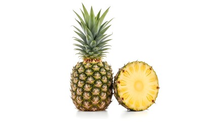Whole pineapple with green crown and half-sliced piece showing juicy yellow pulp, arranged cleanly on pure white background.
