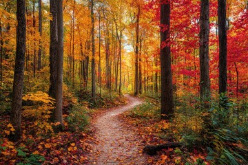 Winding path through colorful autumn forest
